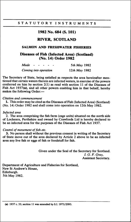 Diseases of Fish (Infected Area) (Scotland) (No. 14) Order 1982