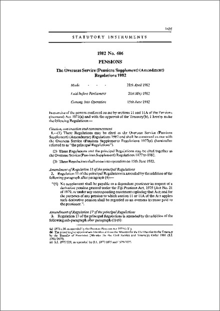 The Overseas Service (Pensions Supplement) (Amendment) Regulations 1982