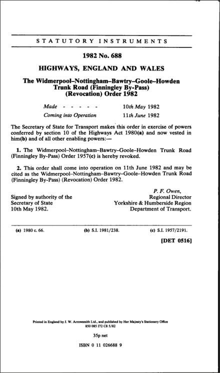 The Widmerpool-Nottingham-Bawtry—Goole-Howden Trunk Road (Finningley By-Pass) (Revocation) Order 1982