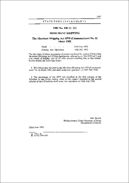 The Merchant Shipping Act 1970 (Commencement No. 8) Order 1982