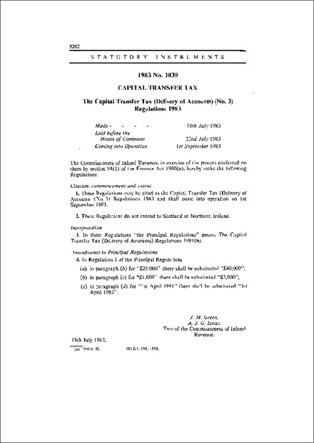 The Capital Transfer Tax (Delivery of Accounts) (No. 3) Regulations 1983