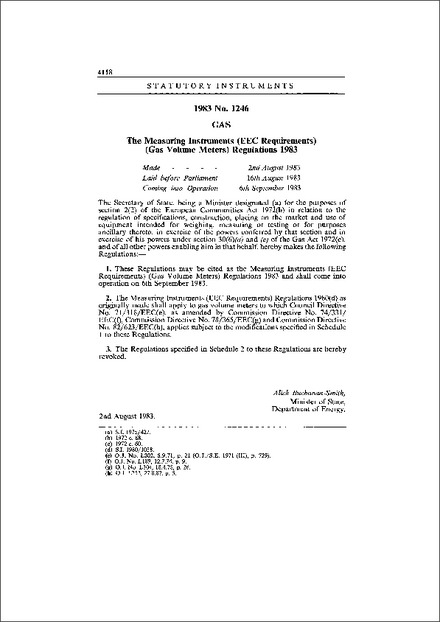 The Measuring Instruments (EEC Requirements) (Gas Volume Meters) Regulations 1983