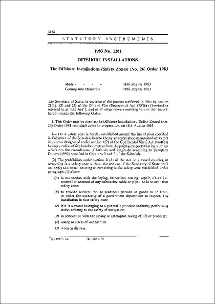 The Offshore Installations (Safety Zones) (No. 26) Order 1983
