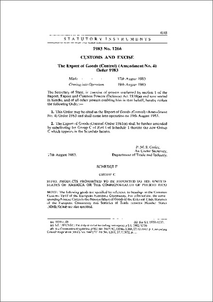 The Export of Goods (Control) (Amendment No. 4) Order 1983