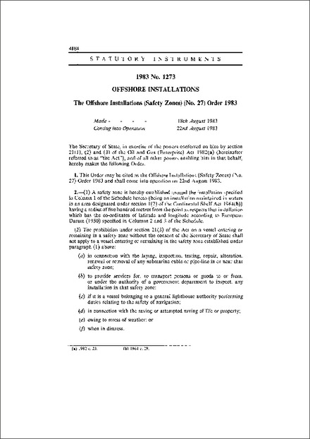 The Offshore Installations (Safety Zones) (No. 27) Order 1983