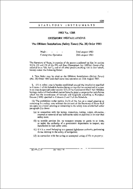 The Offshore Installations (Safety Zones) (No. 28) Order 1983