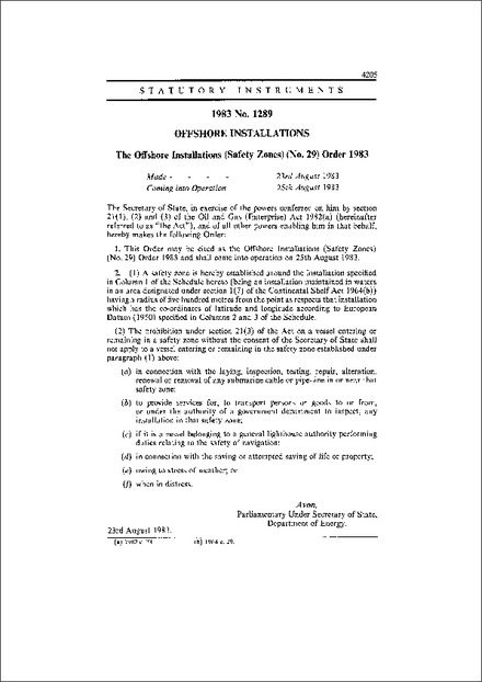 The Offshore Installations (Safety Zones) (No. 29) Order 1983