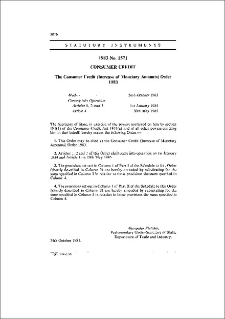 The Consumer Credit (Increase of Monetary Amounts) Order 1983