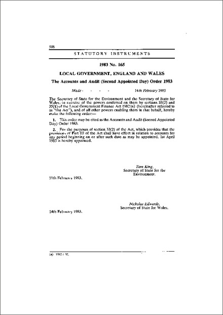 The Accounts and Audit (Second Appointed Day) Order 1983