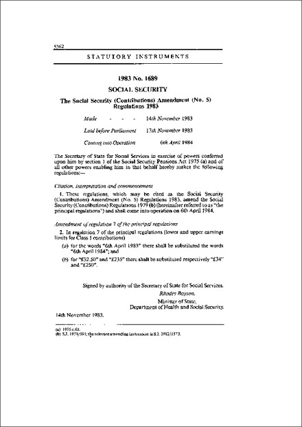 The Social Security (Contributions) Amendment (No. 5) Regulations 1983