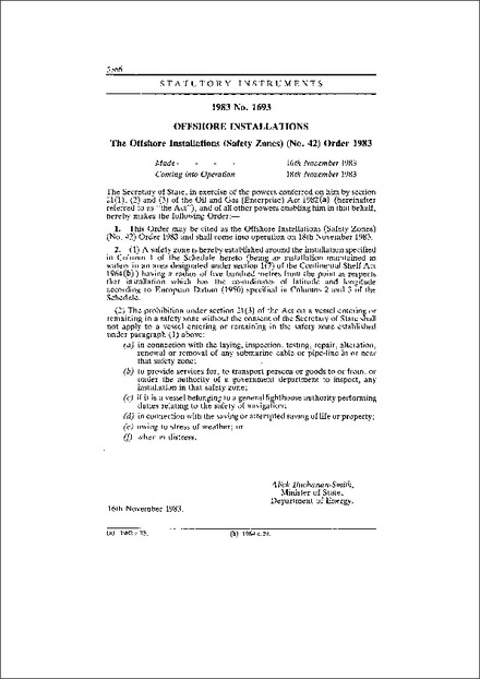 The Offshore Installations (Safety Zones) (No. 42) Order 1983