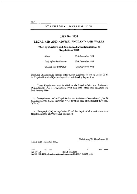 The Legal Advice and Assistance (Amendment) (No. 5) Regulations 1983