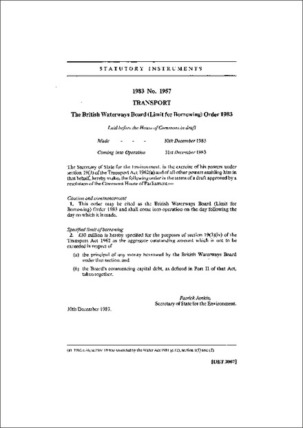 The British Waterways Board (Limit for Borrowing) Order 1983