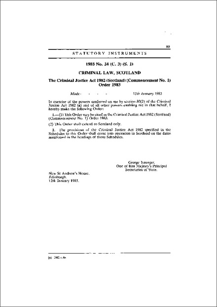 The Criminal Justice Act 1982 (Scotland) (Commencement No. 1) Order 1983