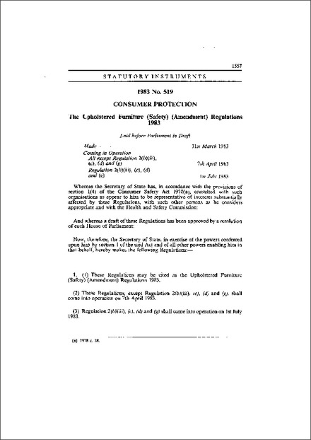 The Upholstered Furniture (Safety) (Amendment) Regulations 1983