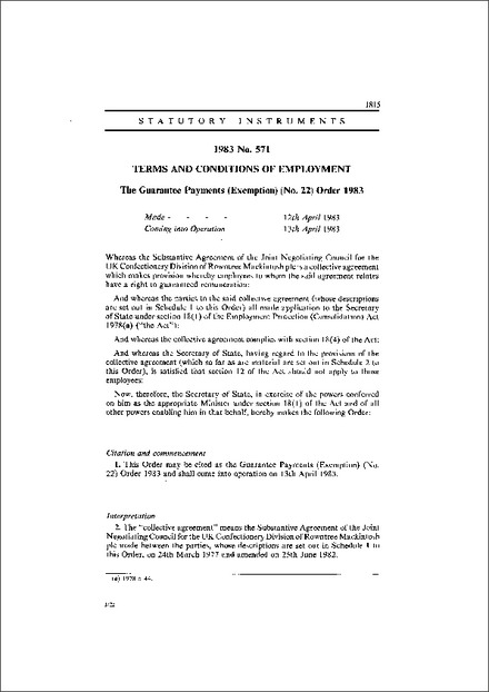 The Guarantee Payments (Exemption) (No. 22) Order 1983
