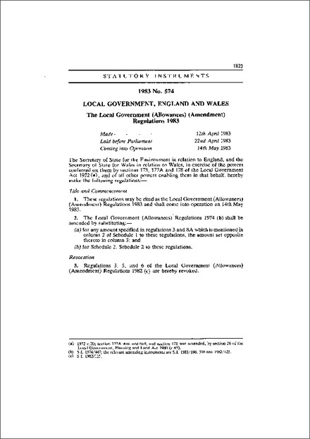 The Local Government (Allowances) (Amendment) Regulations 1983