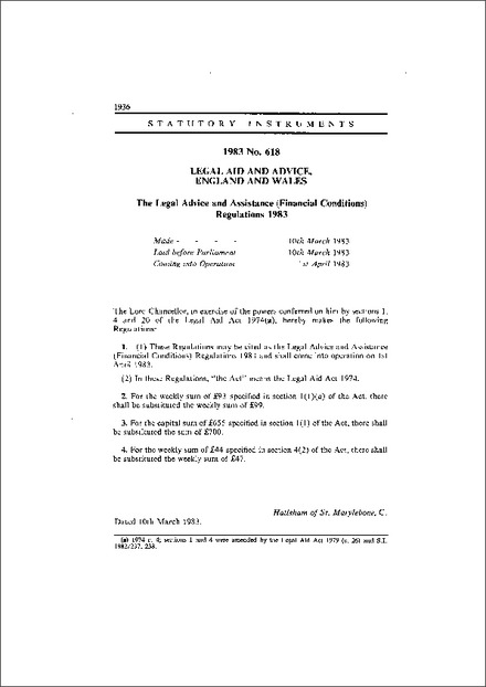 The Legal Advice and Assistance (Financial Conditions) Regulations 1983