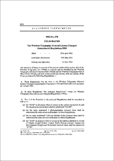 The Wireless Telegraphy (General Licence Charges) (Amendment) Regulations 1983