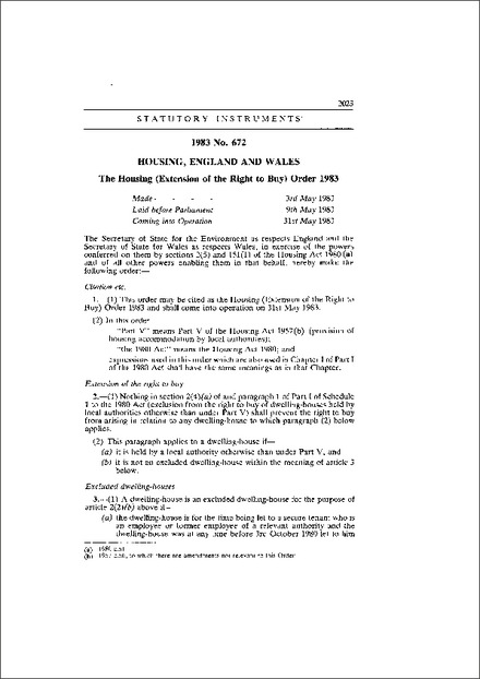 The Housing (Extension of the Right to Buy) Order 1983