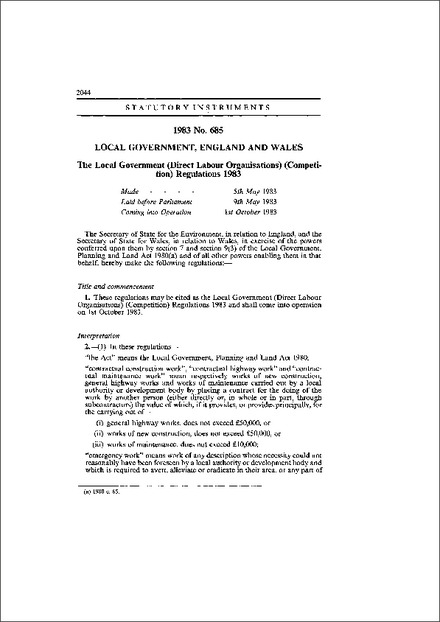 The Local Government (Direct Labour Organisations) (Competition) Regulations 1983