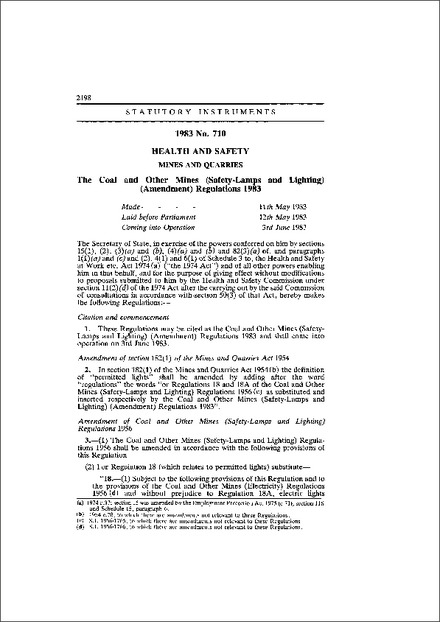 The Coal and Other Mines (Safety-Lamps and Lighting) (Amendment) Regulations 1983