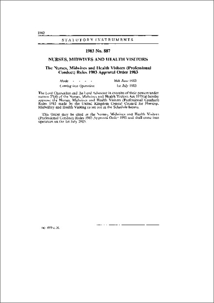 The Nurses, Midwives and Health Visitors (Professional Conduct) Rules 1983 Approval Order 1983