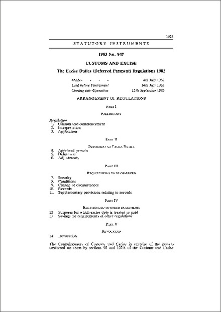 The Excise Duties (Deferred Payment) Regulations 1983