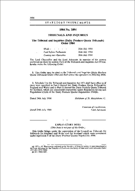 The Tribunal and Inquiries (Dairy Produce Quota Tribunals) Order 1984