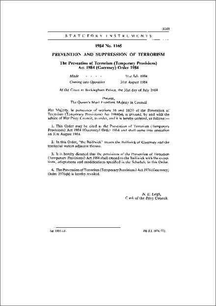 The Prevention of Terrorism (Temporary Provisions) Act 1984 (Guernsey) Order 1984
