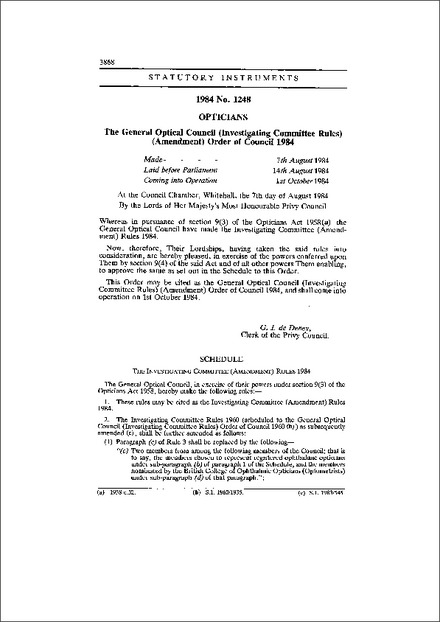 The General Optical Council (Investigating Committee Rules) (Amendment) Order of Council 1984