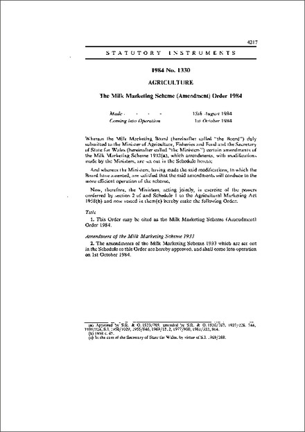 The Milk Marketing Scheme (Amendment) Order 1984