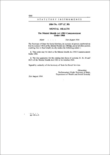 The Mental Health Act 1983 Commencement Order 1984
