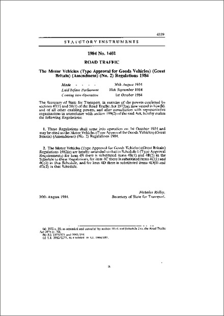 The Motor Vehicles (Type Approval for Goods Vehicles) (Great Britain) (Amendment) (No. 2) Regulations 1984