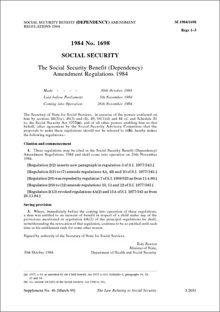 The Social Security Benefit (Dependency) Amendment Regulations 1984