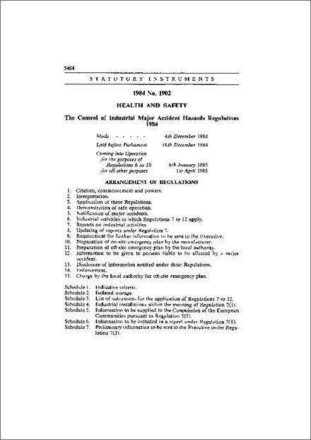 The Control of Industrial Major Accident Hazards Regulations 1984