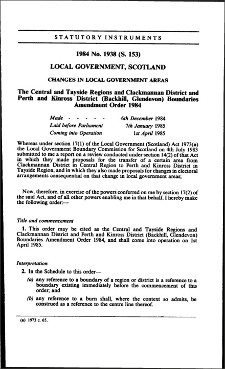 The Central and Tayside Regions and Clackmannan District and Perth and Kinross District (Backhill, Glendevon) Boundaries Amendment Order 1984
