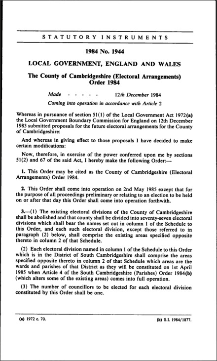 The County of Cambridgeshire (Electoral Arrangements) Order 1984