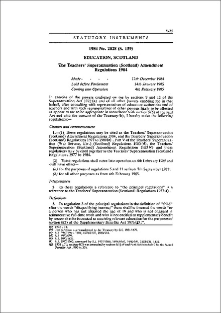 The Teachers' Superannuation (Scotland) Amendment Regulations 1984
