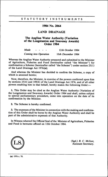 The Anglian Water Authority (Variation of the Longstanton and Swavesey Awards) Order 1984