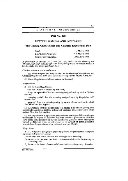 The Gaming Clubs (Hours and Charges) Regulations 1984