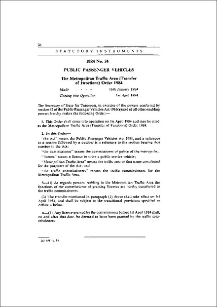 The Metropolitan Traffic Area (Transfer of Functions) Order 1984