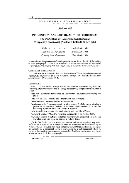 The Prevention of Terrorism (Supplemental Temporary Provisions) (Northern Ireland) Order 1984