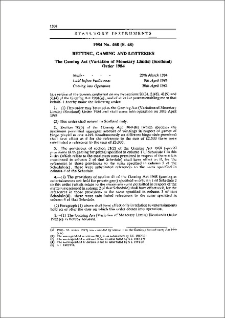 The Gaming Act (Variation of Monetary Limits) (Scotland) Order 1984