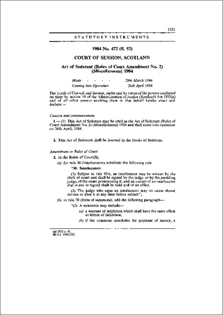 Act of Sederunt (Rules of Court Amendment No. 2) (Miscellaneous) 1984