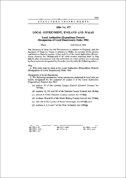 Local Authorities (Expenditure Powers) (Designation of Local Enactments) Order 1984
