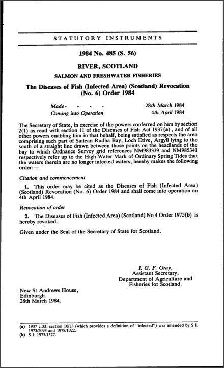 The Diseases of Fish (Infected Area) (Scotland) Revocation (No. 6) Order 1984
