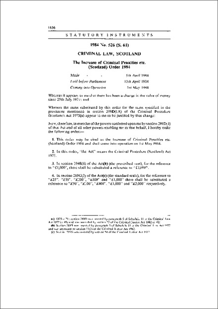 The Increase of Criminal Penalties etc. (Scotland) Order 1984