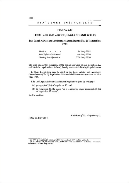 The Legal Advice and Assistance (Amendment) (No. 2) Regulations 1984