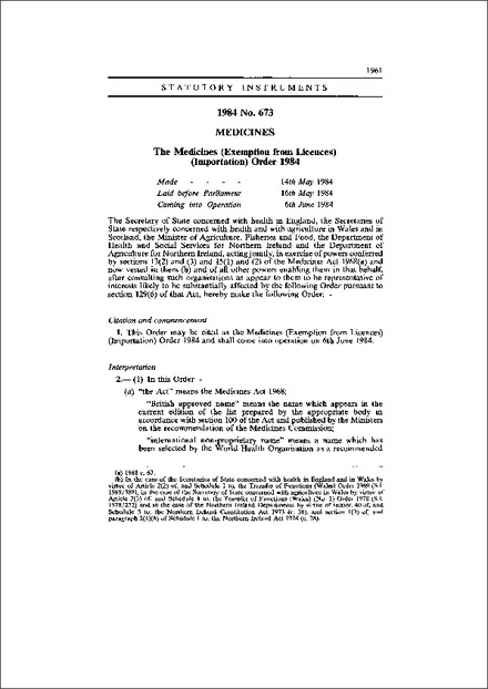 The Medicines (Exemption from Licences) (Importation) Order 1984